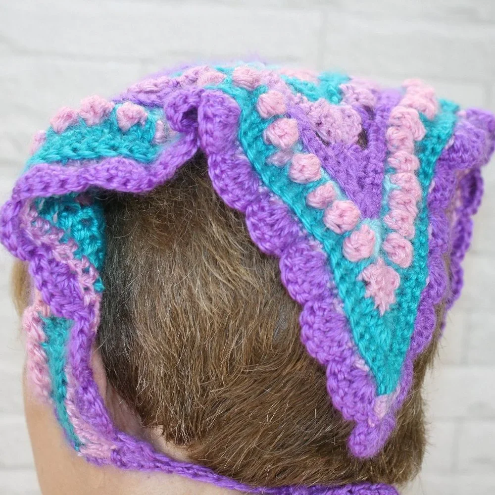 HAND CRAFTED Head Scarf Bandana Crochet Boho Mermaidcore Granny Square Retro
